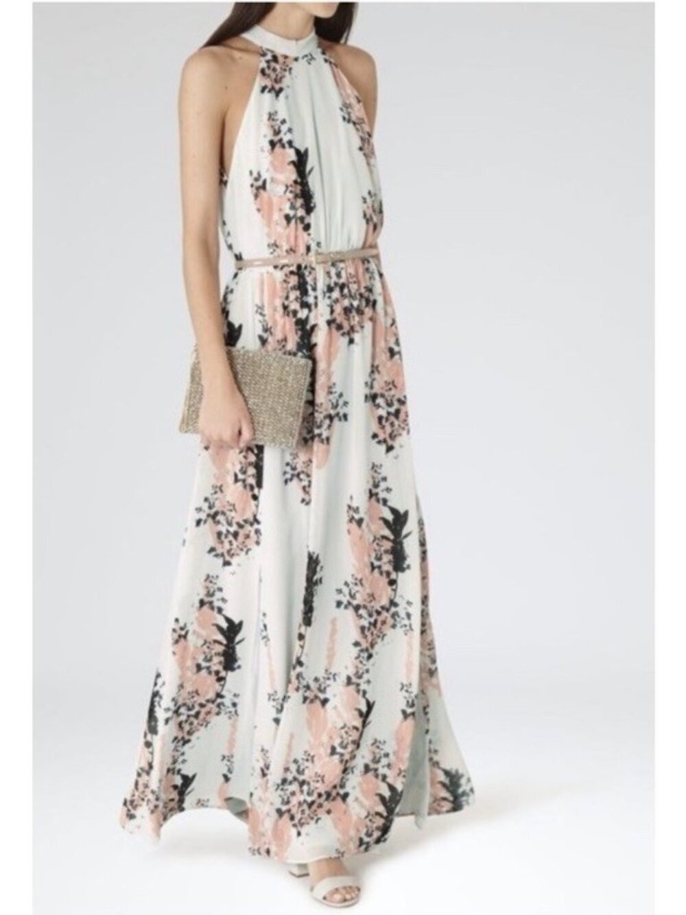 REISS Arleta floral coral blue cream maxi halter dress chiffon 8 (M) wedding
